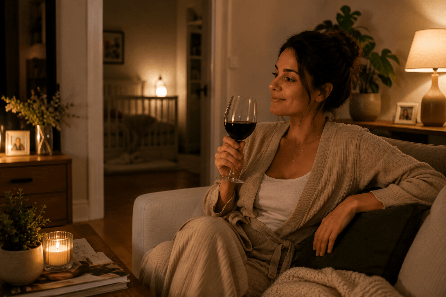 Mãe relaxando no sofá com uma taça de vinho enquanto o bebê dorme tranquilo no quarto ao lado
